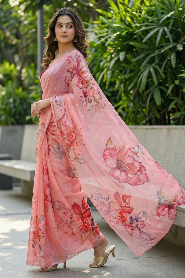 Peach Floral Printed Organza Saree (ACA9152)