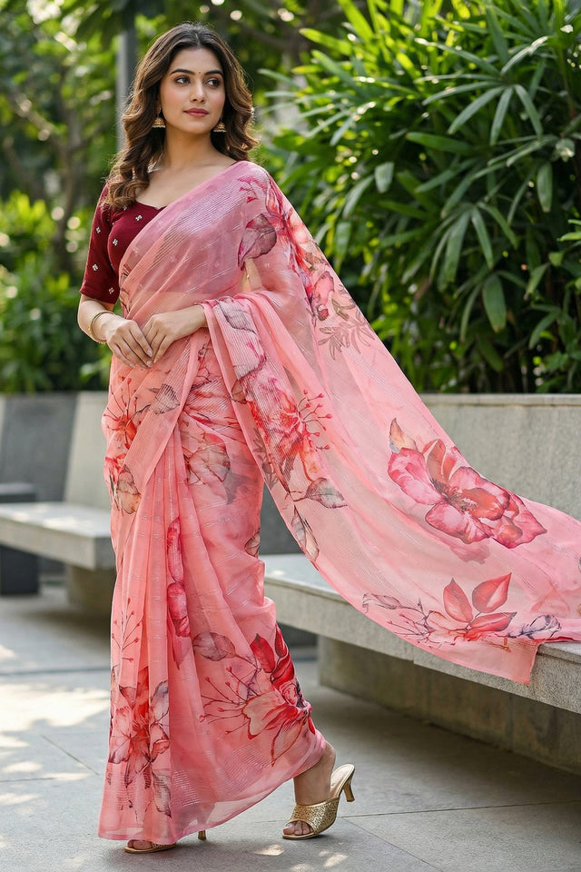 Peach Floral Printed Organza Saree (ACA9152)