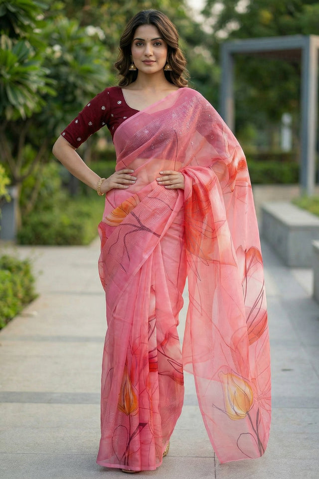 Pink Floral Printed Organza Saree (ACA9153)