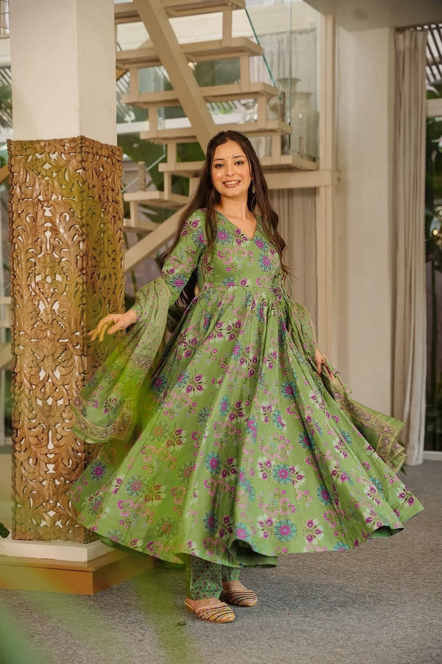 Green Floral Printed Muslin Anarkali Suit (ACA9158)