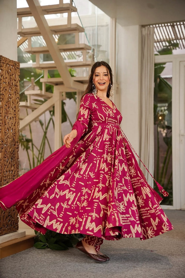 Pink Floral Printed Muslin Anarkali Suit (ACA9159)