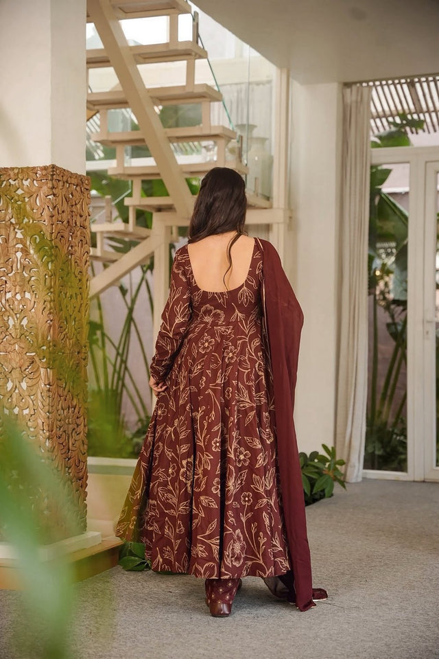 Brown Floral Printed Muslin Anarkali Suit (ACA9160)