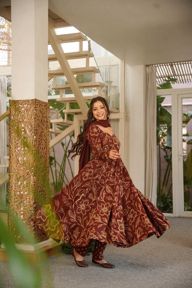 Brown Floral Printed Muslin Anarkali Suit (ACA9160)