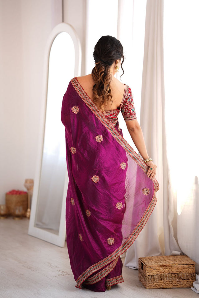 Purple Floral Embroidered Satin Saree (ACA9162)