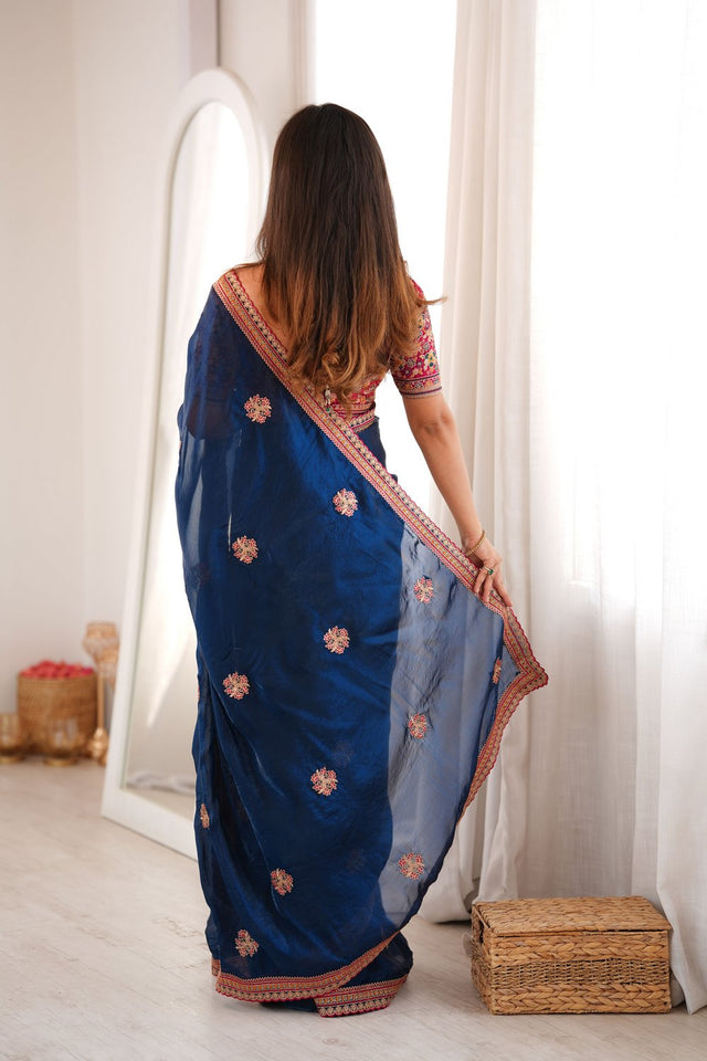 Blue Floral Embroidered Satin Saree (ACA9163)