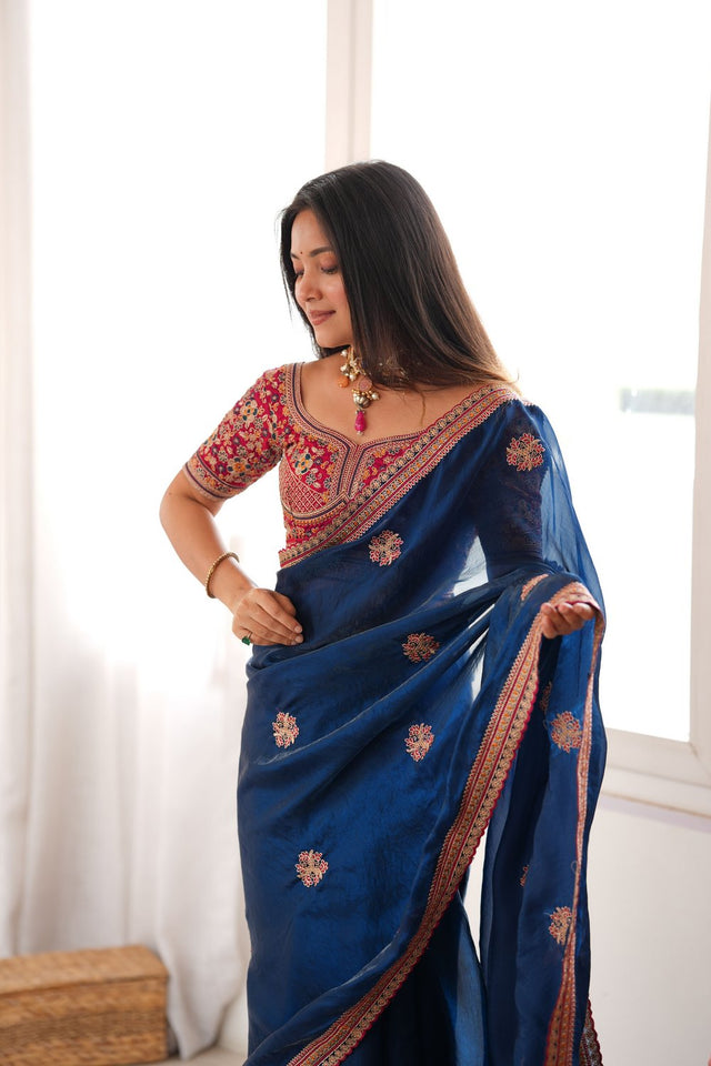 Blue Floral Embroidered Satin Saree (ACA9163)