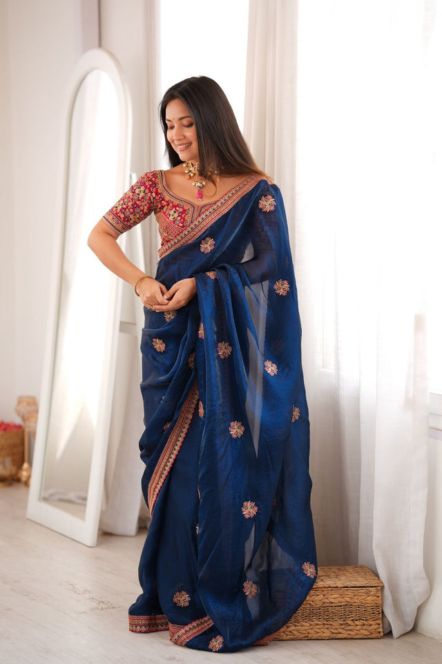 Blue Floral Embroidered Satin Saree (ACA9163)