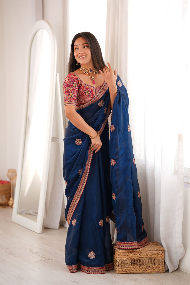 Blue Floral Embroidered Satin Saree (ACA9163)