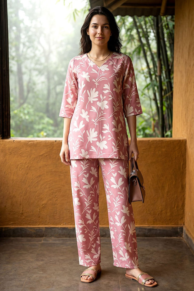 Pink Printed Rayon Blend Co-Ord Set (ACA9166)