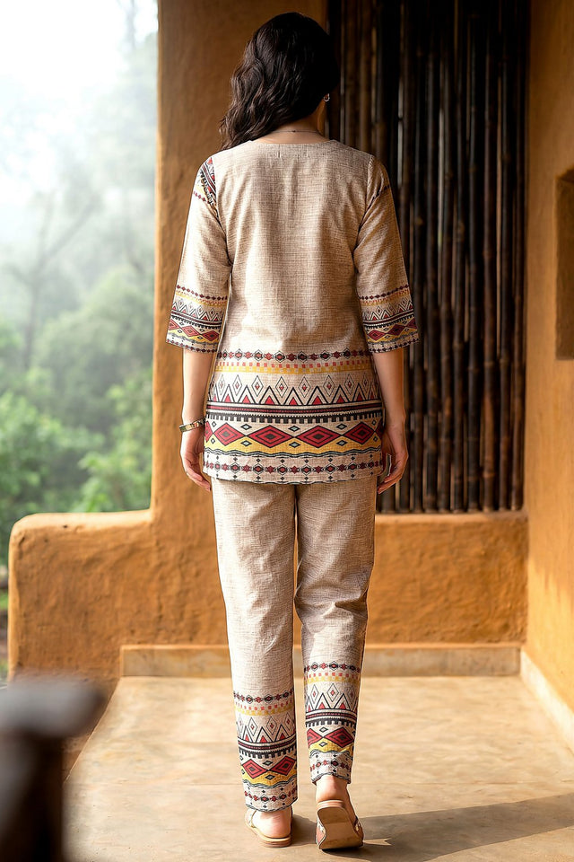 Beige Printed Rayon Blend Co-Ord Set (ACA9167)