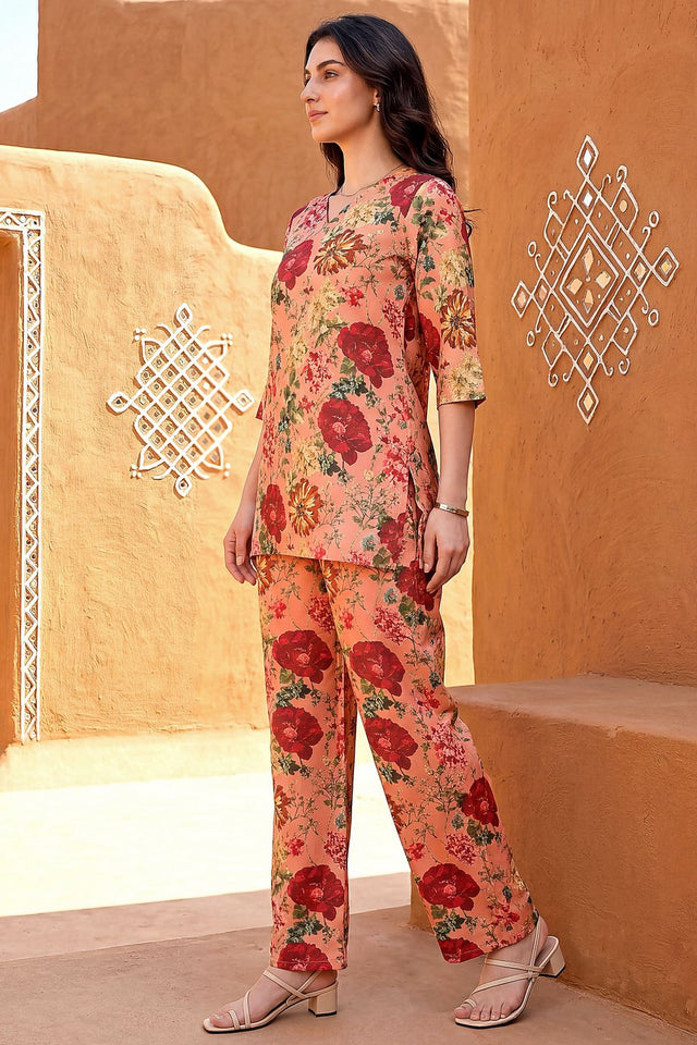 Peach Floral Printed Rayon Blend Co-Ord Set (ACA9175)
