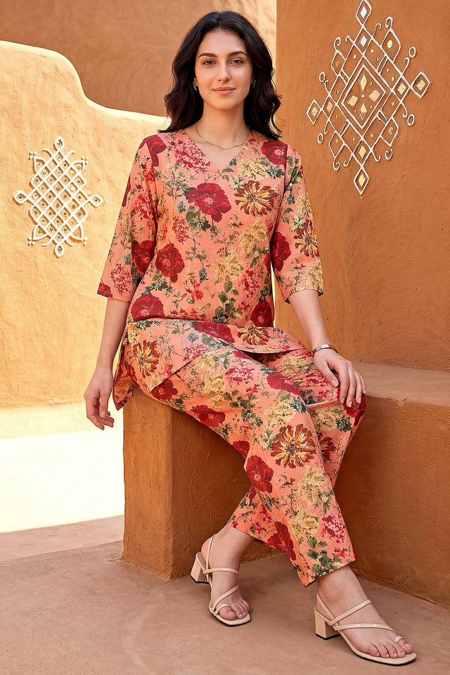 Peach Floral Printed Rayon Blend Co-Ord Set (ACA9175)