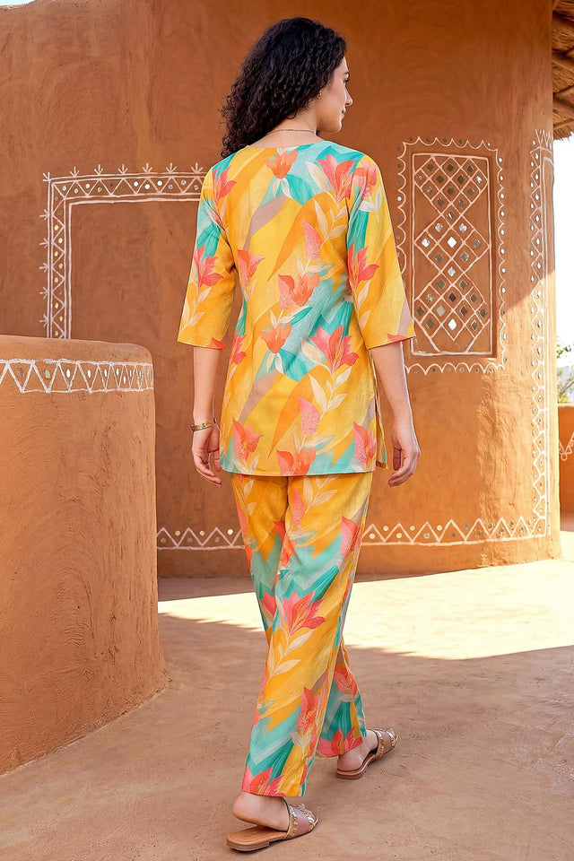 Yellow Printed Rayon Blend Co-Ord Set (ACA9176)