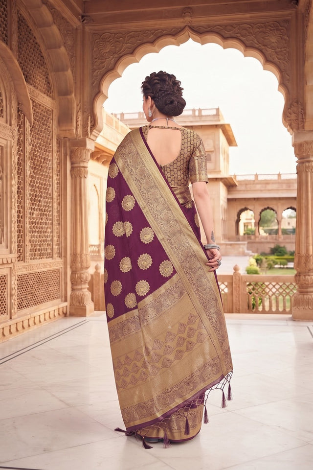 Wine Floral Woven Silk Saree (ACA9178)