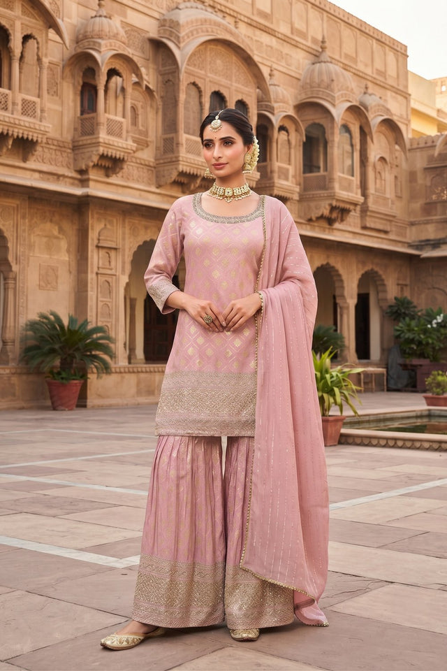 Pink Heavy Embroidered Viscose Free Size Stithced Sharara Suit (ACA9184)