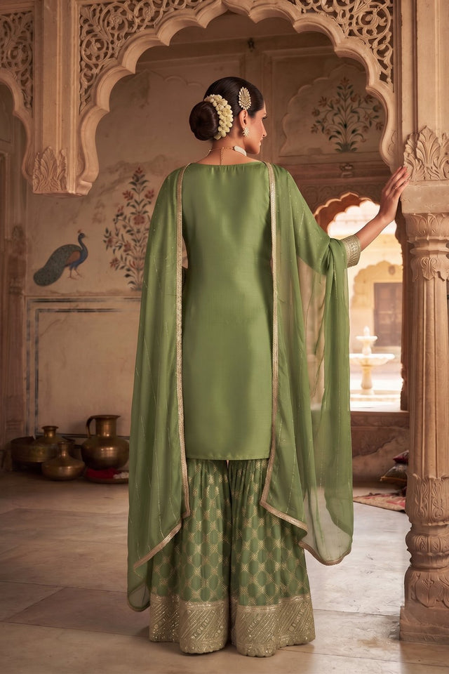 Green Heavy Embroidered Viscose Free Size Stithced Sharara Suit (ACA9185)