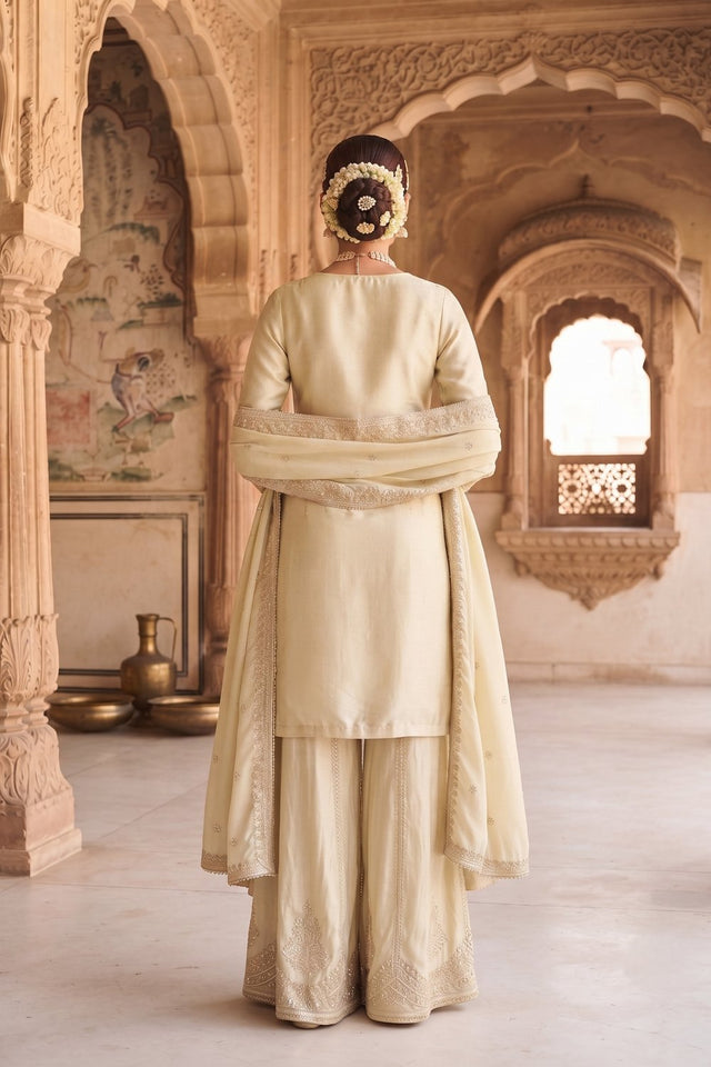 Off White Heavy Embroidered Viscose Free Size Stithced Sharara Suit (ACA9186)