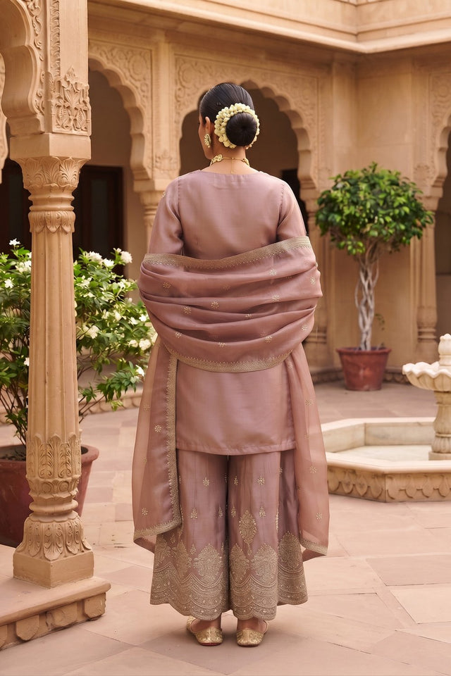 Mauve Heavy Embroidered Viscose Free Size Stithced Sharara Suit (ACA9187)