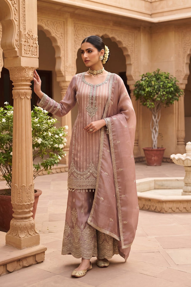 Mauve Heavy Embroidered Viscose Free Size Stithced Sharara Suit (ACA9187)