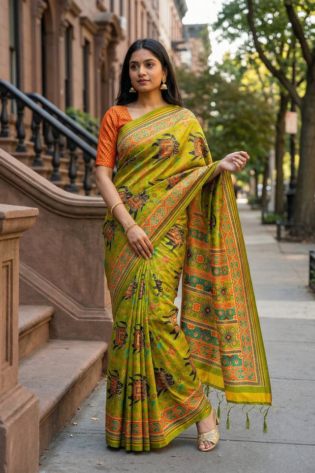 Dark Green Printed Silk Saree (ACA9190)