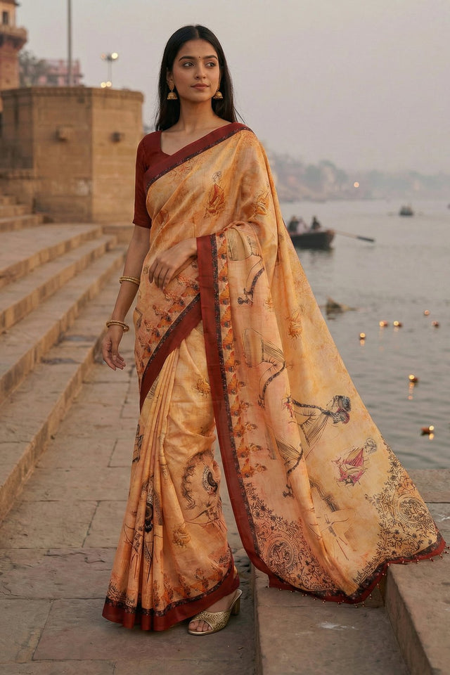 Yellow Printed Silk Saree (ACA9191)