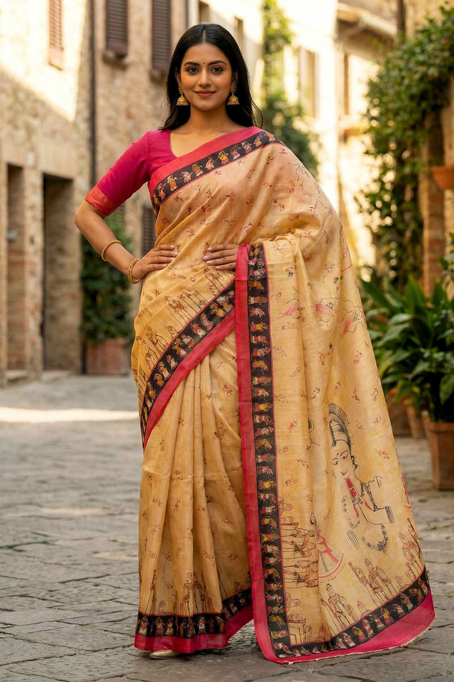 Yellow Printed Silk Saree (ACA9192)