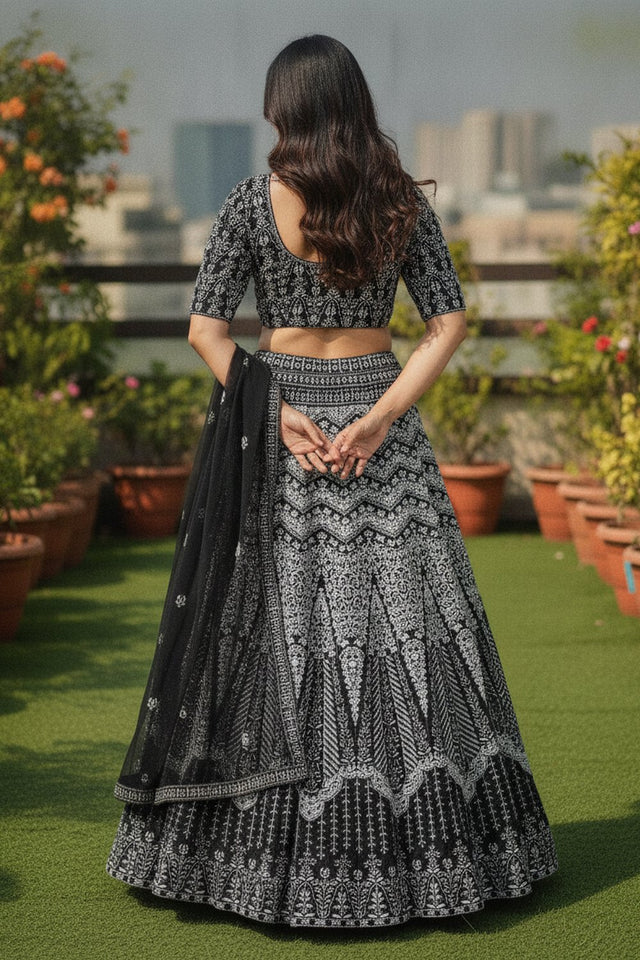 Black Floral Embroidered Georgette Lehenga (ACA9193)