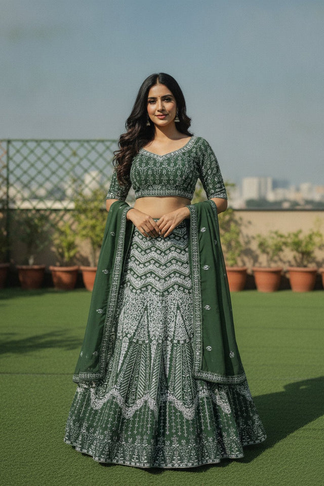 Green Floral Embroidered Georgette Lehenga (ACA9194)