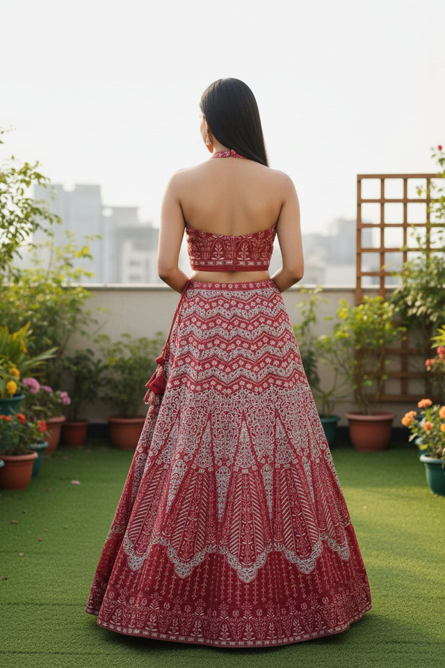 Red Floral Embroidered Georgette Lehenga (ACA9195)