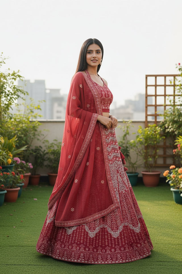 Red Floral Embroidered Georgette Lehenga (ACA9195)