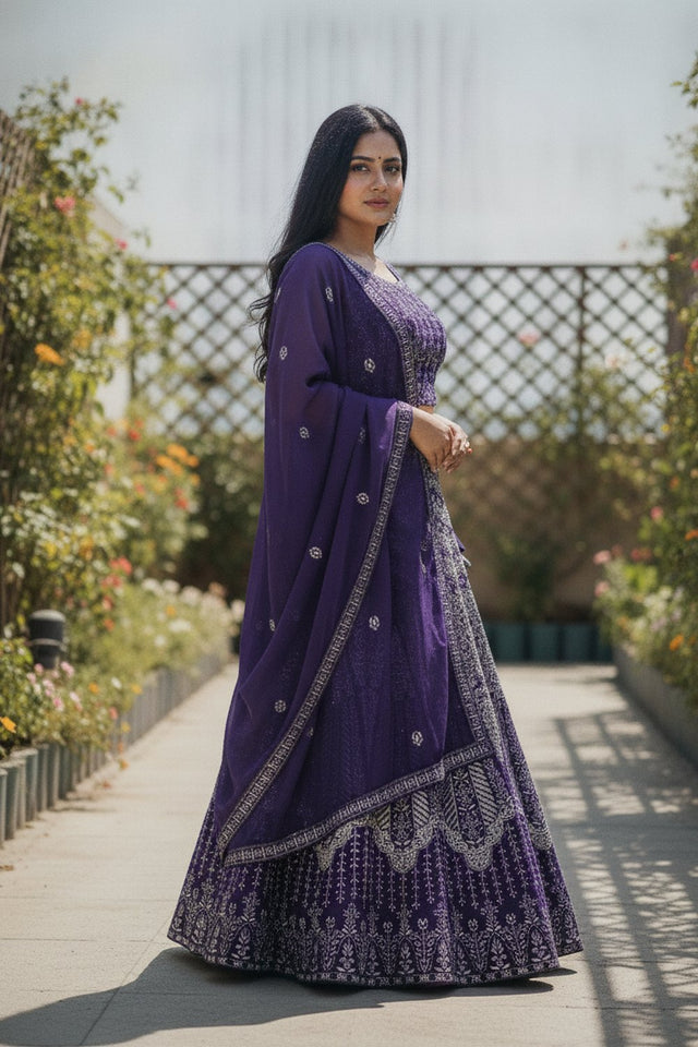 Violet Floral Embroidered Georgette Lehenga (ACA9197)