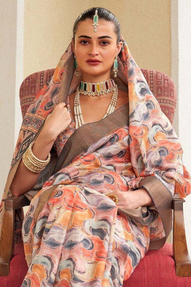 Orange Floral Printed Silk Saree (ACA9202)
