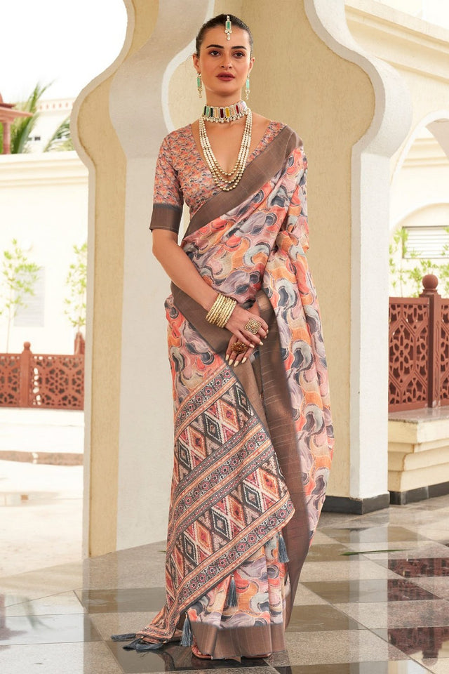 Orange Floral Printed Silk Saree (ACA9202)