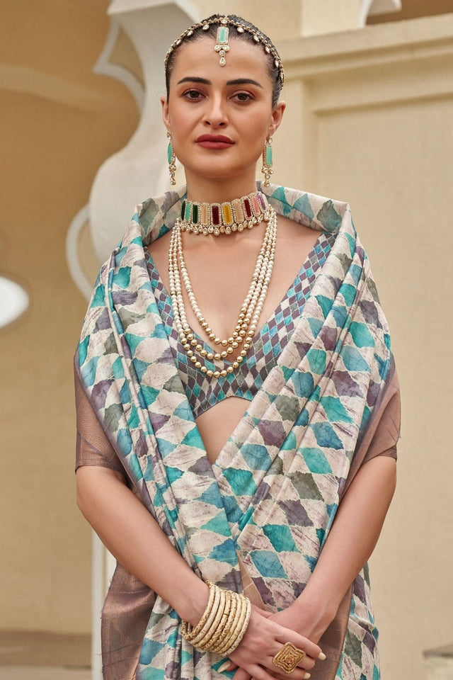Turquoise Floral Printed Silk Saree (ACA9205)