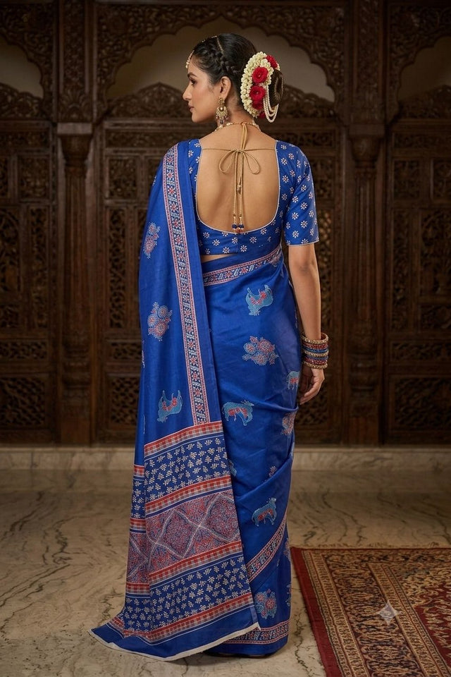 Blue Floral Printed Crepe Saree (ACA9208)