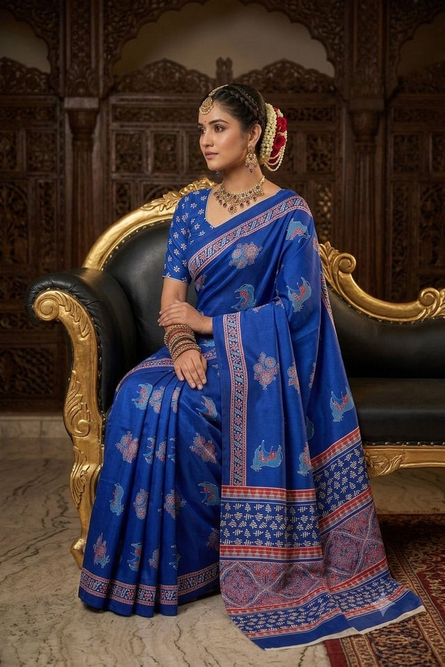 Blue Floral Printed Crepe Saree (ACA9208)