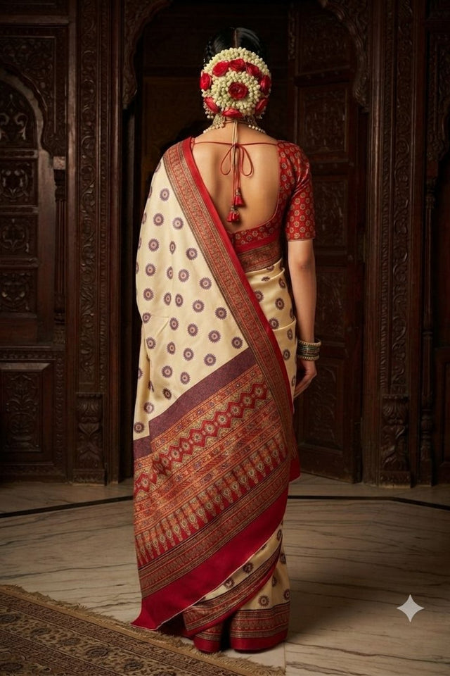 Cream Floral Printed Crepe Saree (ACA9209)