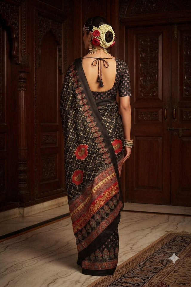 Black Floral Printed Crepe Saree (ACA9211)