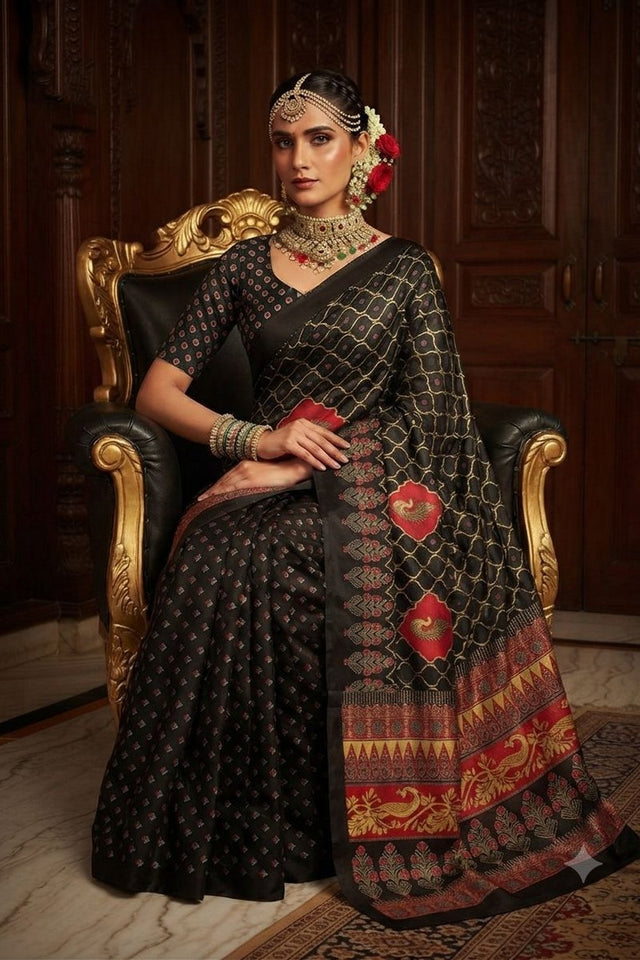 Black Floral Printed Crepe Saree (ACA9211)