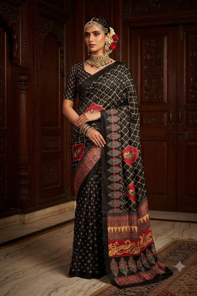 Black Floral Printed Crepe Saree (ACA9211)