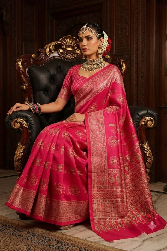 Pink Floral Printed Crepe Saree (ACA9212)