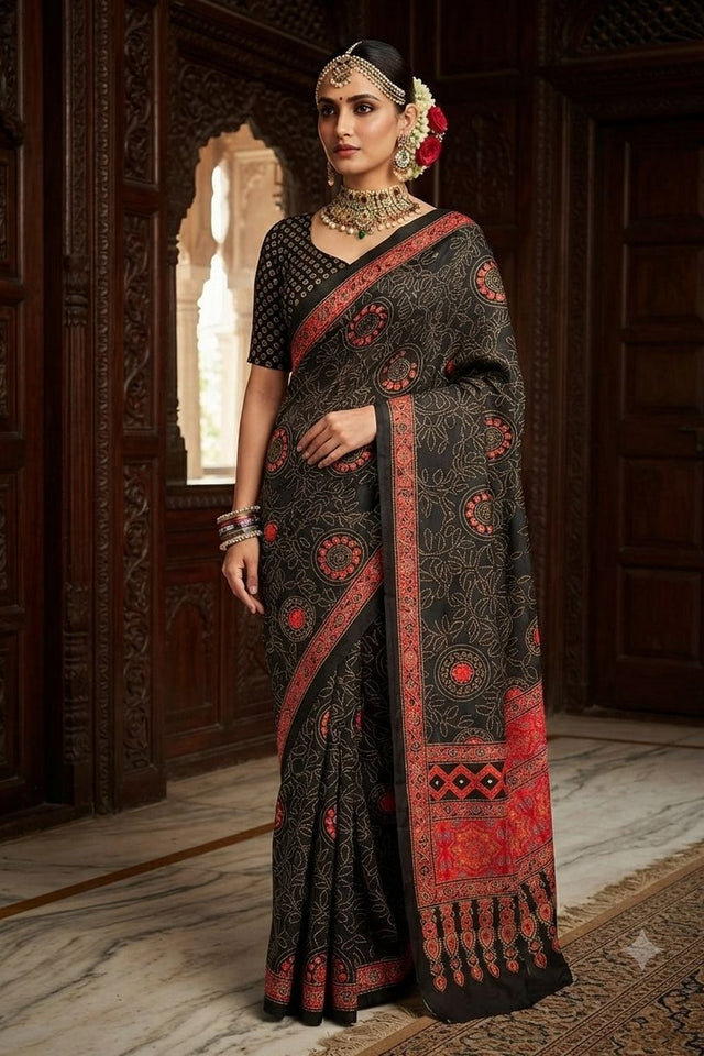 Black Floral Printed Crepe Saree (ACA9213)