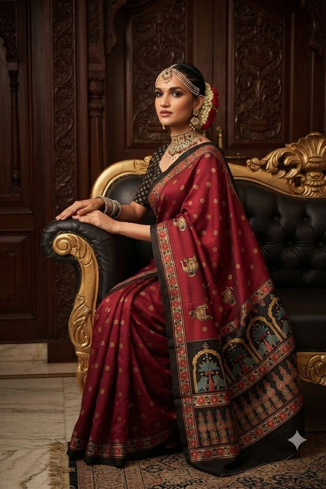 Wine Floral Printed Crepe Saree (ACA9214)