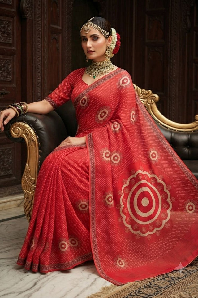 Red Floral Printed Crepe Saree (ACA9217)