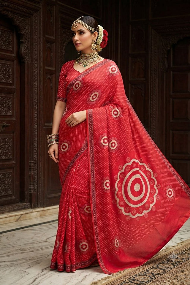 Red Floral Printed Crepe Saree (ACA9217)