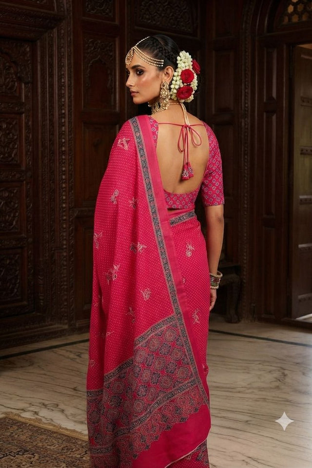 Pink Floral Printed Crepe Saree (ACA9218)