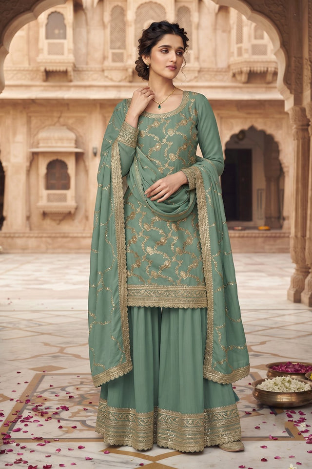 Blue Heavy Embroidered Chinon Free Size Stithced Sharara Suit (ACA9220)