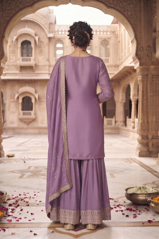 Lavender Heavy Embroidered Chinon Free Size Stithced Sharara Suit (ACA9221)