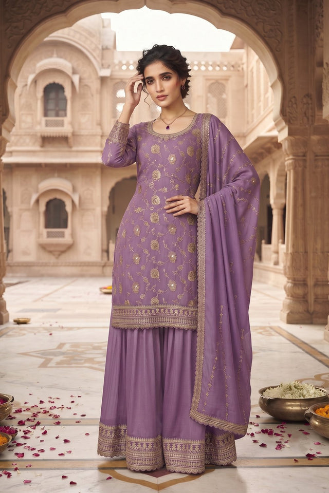 Lavender Heavy Embroidered Chinon Free Size Stithced Sharara Suit (ACA9221)