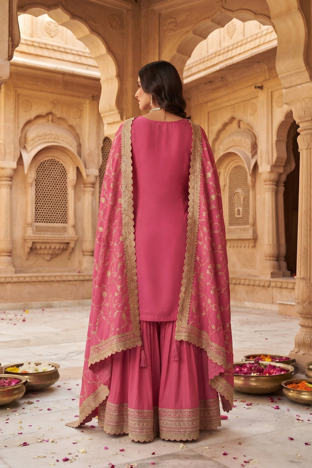 Pink Heavy Embroidered Chinon Free Size Stithced Sharara Suit (ACA9223)